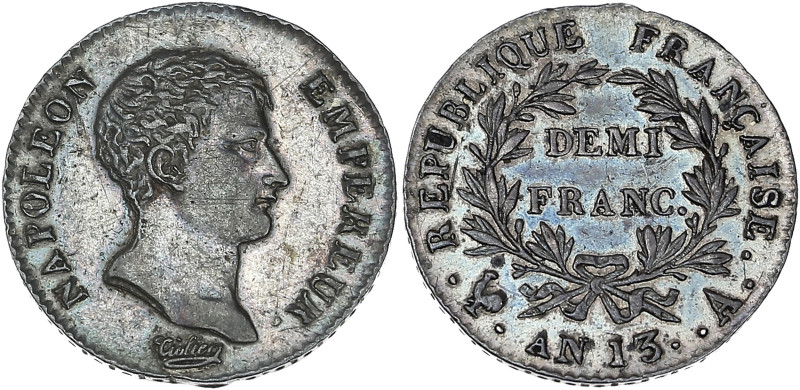 Napoléon Empereur - Demi Franc An 13 A (Paris)

Argent - 2,51 grs - 18 mm
F.174-...