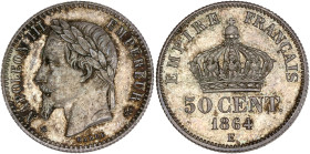 Napoléon III tête laurée - ESSAI 50 centimes 1864 E
Tranche cannelée.

Argent - 10,14 grs - 18 mm
SPL+ / SP64

Monnaie gradée par GENI en SP64. Rariss...