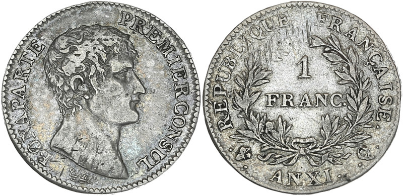 Bonaparte Premier Consul - 1 franc An XI Q (Perpignan)

Argent - 5,10 grs - 23 m...