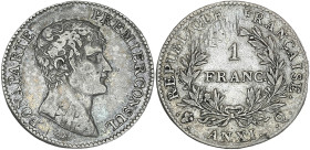 Bonaparte Premier Consul - 1 franc An XI Q (Perpignan)

Argent - 5,10 grs - 23 mm
F.200-6 / G.442
TTB

Très rare ! Petite faiblesse de frappe au rever...