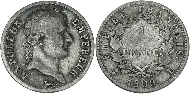 Napoléon Empereur tête laurée - 1 franc 1809 L (Bayonne)

Argent - 4,81 grs - 23...
