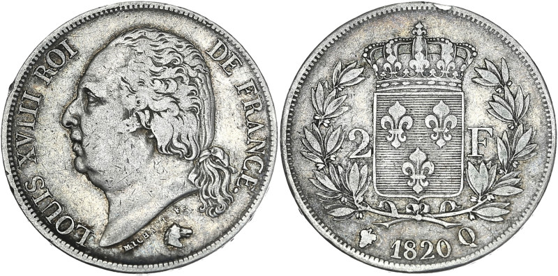 Louis XVIII - 2 francs 1820 Q (Perpignan)

Argent - 9,93 grs - 27 mm
F.257-31 / ...