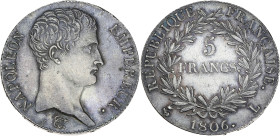 Napoléon Empereur - 5 francs 1806 L (Bayonne)

Argent - 24,95 grs - 37 mm
F.304-7 / G.581
SUP

Superbe exemplaire, nettoyage ancien (hairlines). Un tr...