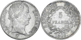 Napoléon Empereur - 5 francs tête laurée 1808 A (Paris)

Argent - 24,99 grs - 37 mm
F.306-2 / G.583
TTB+

Très bel exemplaire avec peu d'usure et une ...