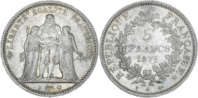 Hercule - 5 francs 1871 A (Paris) - Camélinat

Argent - 25,01 grs - 37 mm
F.334-3 / G.744
TTB+

Assez rare ! Très bel exemplaire anciennement nettoyé....