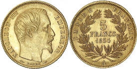 Napoléon III tête nue - 5 francs petit module 1854 A (Paris)
Tranche cannelée.

Or - 1,59 grs - 15,5 mm
F.500A-1 / G.1000
SPL / MS63

Monnaie gradée p...