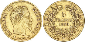 Napoléon III tête nue - 5 francs 1859 BB (Strasbourg)

Or - 1,60 grs - 17 mm
F.501-8 / G.1001
TTB

Exemplaire agréable.