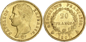 Napoléon Empereur tête nue - 20 francs type transitoire 1807 A (Paris)

Or - 6,42 grs - 21 mm
F.514-1 / G.1023a
SUP- / AU55

Monnaie gradée par GENI e...