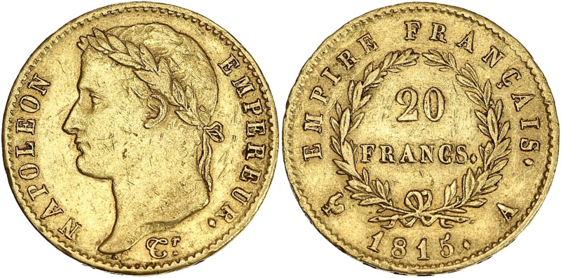 Napoléon Empereur tête laurée - 20 francs Cent-Jours 1815 A (Paris)

Or - 6,46 g...