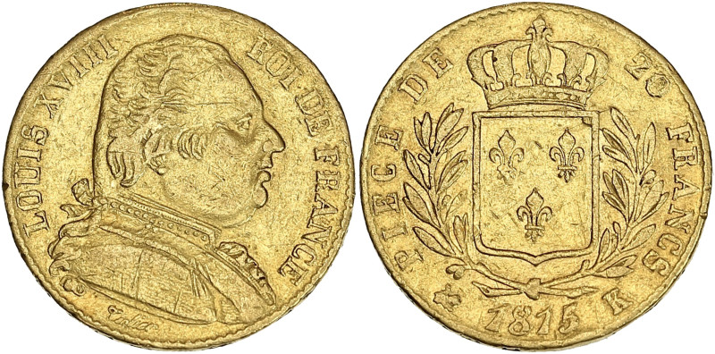 Louis XVIII buste habillé - 20 francs 1815 K (Bordeaux)
Date regravée : 1815 sur...