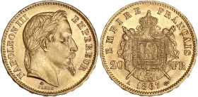 Napoléon III tête laurée - 20 francs 1867 A (Paris)

Or - 6,43 grs - 21 mm
F.532-15 / G.1062
FDC / MS65

Monnaie gradée par GENI en MS65. Magnifique e...