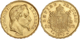 Napoléon III tête laurée - 20 francs 1870 BB (Strasbourg)

Or - 6,43 grs - 21 mm
F.532-24 / G.1062
SPL / MS63

Monnaie gradée par GENI en MS63. Superb...