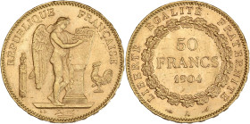 Génie - 50 francs 1904 A (Paris)

Or - 16,14 grs - 28 mm
F.549-6 / G.1113
SPL- / MS62

Monnaie gradée par GENI en MS62. Superbe exemplaire avec d'infi...