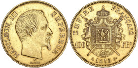 Napoléon III tête nue - 100 francs 1855 A (Paris)

Or - 32,30 grs - 35 mm
F.550-1 / G.1135
TTB