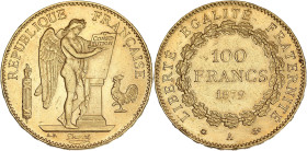 Génie - 100 francs 1879 A (Paris)
Ancre barrée.

Or - 32,33 grs - 35 mm
F.552-3 / G.1137
TTB+

Très bel exemplaire.