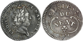 Îles du Vent, Louis XV - 12 sols 1731 H (La Rochelle)

Argent - 2,65 grs - 20 mm
Lec.4
TTB

Type recherché, bel exemplaire.