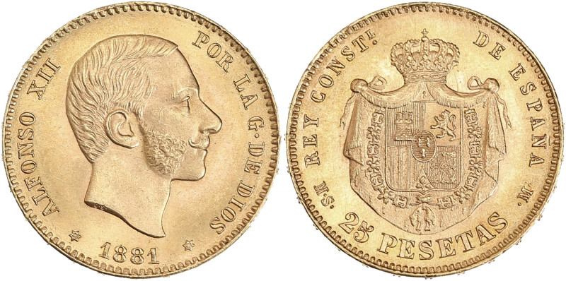 Royaume d'Espagne, Alphonse XII - 25 pesetas 1881 (Madrid)

Or - 8,09 grs - 24 m...