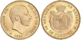 Royaume d'Espagne, Alphonse XII - 25 pesetas 1881 (Madrid)

Or - 8,09 grs - 24 mm
Cy17533 
FDC / MS65

Monnaie gradée par GENI en MS65. Magnifique exe...