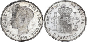 Espagne, Alphonse XIII - 5 pesetas 1899

Argent - 24,88 grs - 37 mm
KM.19-707
SUP+/SPL

Magnifique exemplaire avec quelques hairlines dans les champs ...