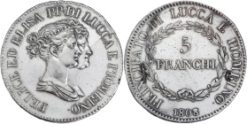 Italie, Lucques et Piombino, Felix Bacciochi et Elisa Bonaparte - 5 franchi 1808 (Florence)
Date regravée : 1808 sur 1807

Argent - 24,95 grs - 37 mm
...