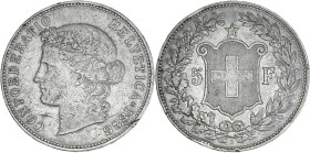 Suisse - 5 francs 1888 B (Berne)

Argent - 24,96 grs - 37 mm
HMZ.2.1198a
TTB-/TTB

Millésime rare ! Petits chocs à l'avers.