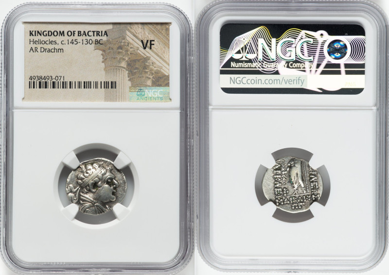 BACTRIAN KINGDOM. Heliocles (ca. 145-130 BC). AR drachm (19mm, 12h). NGC VF. Bac...