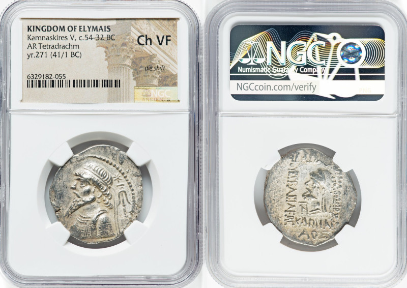 ELYMAIS KINGDOM. Kamnaskires V (ca. 54-32 BC). AR tetradrachm(29mm, 12h). NGC Ch...