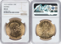 Franz Joseph I gold Restrike 100 Corona 1915 MS63 NGC, Vienna mint, KM2819, Fr-507R. HID09801242017 © 2022 Heritage Auctions | All Rights Reserved