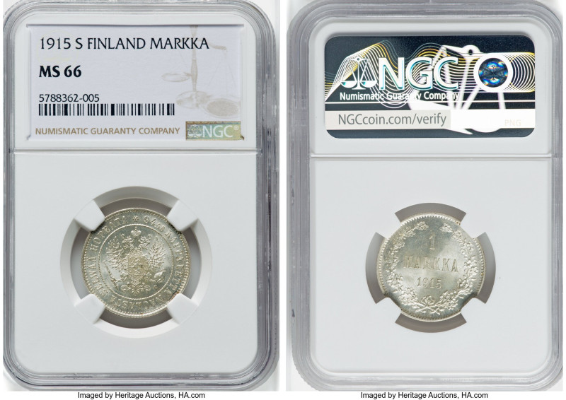 Russian Duchy. Nicholas II Markka 1915-S MS66 NGC, Helsinki mint, KM3.2. Last ye...