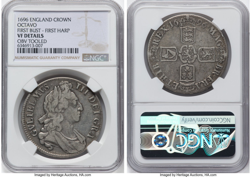 William III Crown 1696 VF Details (Obverse Tooled) NGC, KM494.1, S-3470. First b...