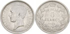 BELGIEN KÖNIGREICH
Albert I., 1909-1934. 5 Francs 1934. KM 97.1. 14.07 g. Kl. Randfehler, sehr schön