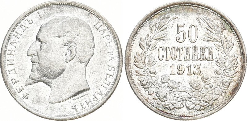 BULGARIEN
Ferdinand I., 1887-1918. 50 Stotinki 1913. KM 30. 2.53 g. Feiner Präg...