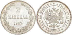 FINNLAND
Nikolaus II. von Rußland, 1894-1917. 2 Markkaa 1907 L. Bitkin 397; KM 7.2. 10.32 g. Herrliche Patina, fast Stempelglanz
