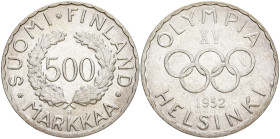 FINNLAND
Republik, seit 1917. 500 Markkaa 1952. Zu den Olympischen Spielen in Helsinki. KM 35. 12.00 g. Min. berieben, fast vorzüglich
