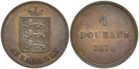 GROSSBRITANNIEN BRITISCHE KOLONIEN
Guernsey 4 Doubles 1874. KM 5. 5.07 g. Feine Tönung, vorzüglich-Stempelglanz