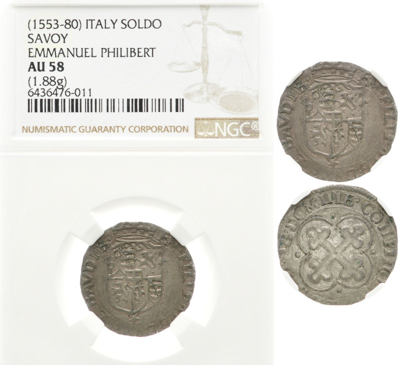 ITALIEN
Emmnauel Philibert. Soldo 1553-80. In US-Plastikholder NGC mit der Bewe...