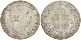 ITALIEN KÖNIGREICH
Umberto I., 1878 - 1900. 2 Lire 1885. KM 23. 9.61 g. Seltener Jahrgang. Fast sehr schön