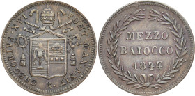 ITALIEN VATIKAN / KIRCHENSTAAT
Gregor XVI., 1831 - 1846. 1/2 Baiocco 1844. KM 1319. 4.74 g. Fast vorzüglich