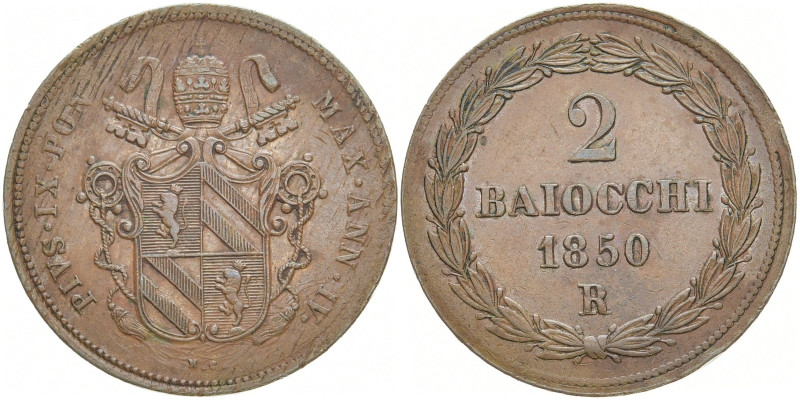 ITALIEN VATIKAN / KIRCHENSTAAT
Pius IX., 1846 - 1878. 2 Baiocchi 1850 R. KM 134...