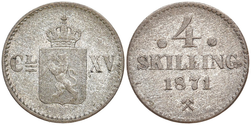 NORWEGEN
Karl XV., 1859-1872. 4 Skilling 1871. 1 Year Type. KM 337. 2.98 g. Fas...
