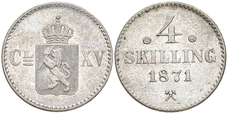 NORWEGEN
Karl XV., 1859-1872. 4 Skilling 1871. 1 Year Type. KM 337. 2.97 g. Fas...