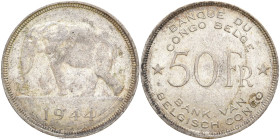 KONGO Belgisch-Kongo
Leopold III. 50 Francs 1944. KM 27. 17.42 g. Vorzüglich