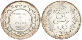 TUNESIEN BEYS VON TUNIS
 Franc 1891 A. KM 224. 5.00 g. Vorzüglich-Stempelglanz