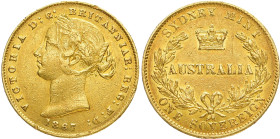 AUSTRALIEN
Viktoria, 1837 - 1901. Sovereign 1867, Sydney. Fr. 10; KM 4; Schlumb. 819. 7.98 g. Sehr schön+