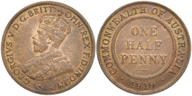AUSTRALIEN
George V., 1910 - 1936. 1/2 Penny 1919, Sydney. KM 22. 5.68 g. Min. Kratzer, vorzüglich-Stempelglanz