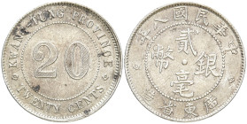 CHINA PROVINZ KWANGTUNG
 20 Cents 1919. Y. 423. 5.36 g. Vorzüglich