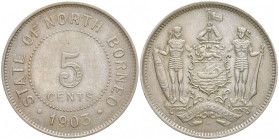 INDONESIEN BRITISH NORTH BORNEO
 5 Cents 1903, Heaton. KM 5. 7.20 g. Sehr schön-vorzüglich