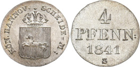 HANNOVER
Ernst August, 1837 - 1851. 4 Pfennig 1841. AKS 121; J. 45; KM 177.2. 0.87 g. Selten in dieser Erhaltung. Fast Stempelglanz