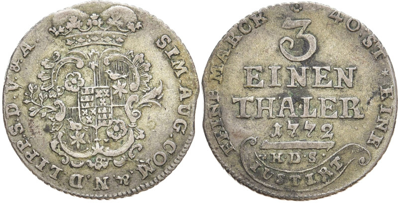LIPPE GRAFSCHAFT
Simon August, 1734 - 1782. 1/3 Taler 1772, Detmold. Mmz. Danie...
