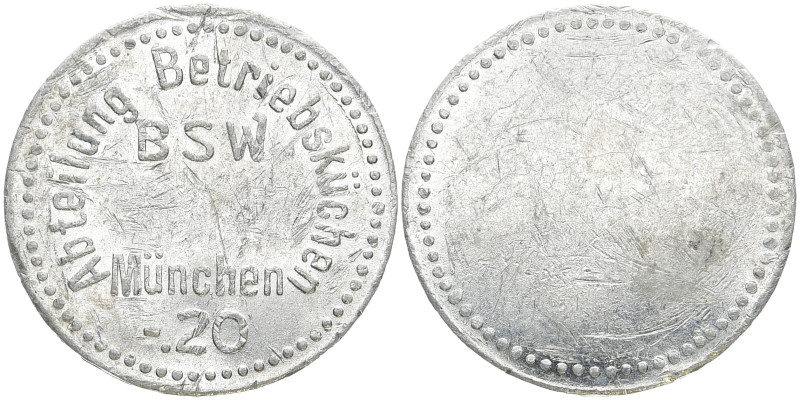 MÜNCHEN
 Token o.J. 20 Pfennig BSW Betriebsküchen Token. 24 mm. 0,96 g. Sehr sc...